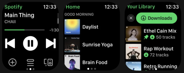 Screenshots der watchOS-Version von Spotify mit Player und Playlisten