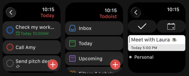 Screenshots der watchOS-Version von Todoist mit To-Do-Listen und Erinnerungen