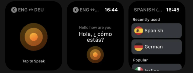 Screenshots der watchOS-Version von iTranslate Converse mit Sprachauswahl und Übersetzungen