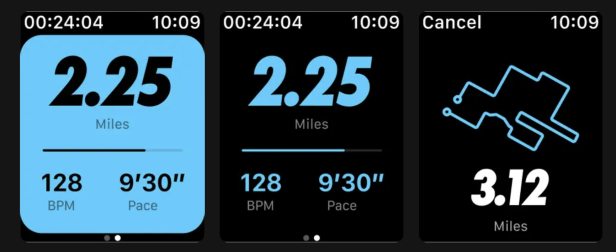 Screenshots der watchOS-Version von Nike Run Club mit Lauf-Übersicht und Streckenanzeige