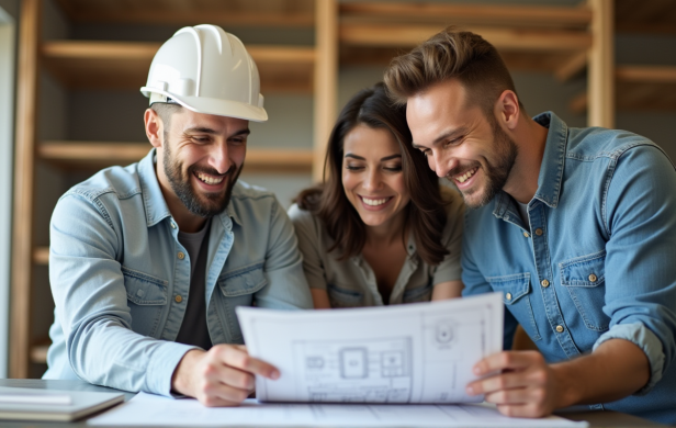 Ein Bauleiter mit Arbeitshelm und ein Paar sitzen und schauen sich einen Bauplan an und lächeln dabei.