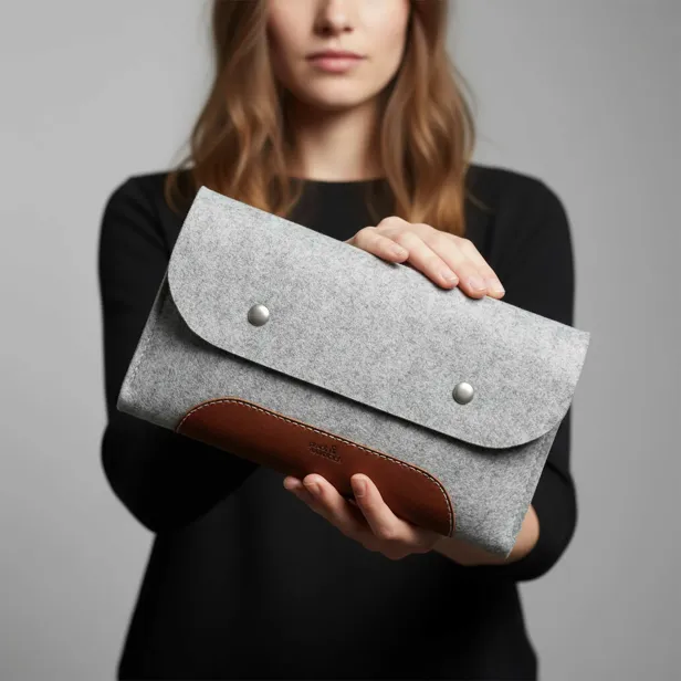 Kabeltasche von PackandSmooch - Frau zeigt die Tasche in die Kamera