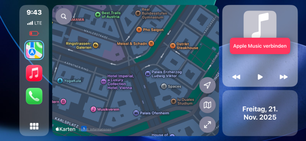 Dashboard in Car Play Connect mit Carplay-ähnlichen Kacheln zu Navigation und Musik