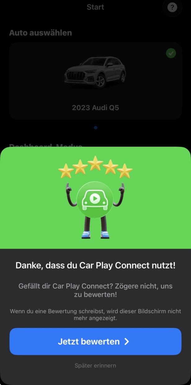 Bewertungsauforderung in Car Play Connect, die bei jedem Start der App erneut kommt.