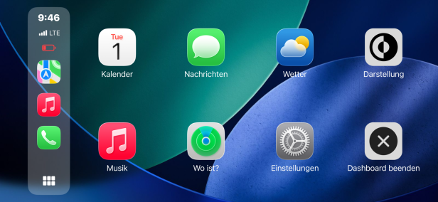 App-Übersicht in Car Play Connect mit allen verfügbaren Apps, darunter Wetter, Nachrichten, Wo ist und ein Button um das Dashboard zu verlassen