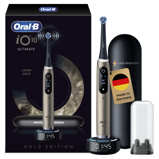 Oral-B iO10 Gold Special Edition mit Verpackung, Lade-Reise-Etui und Zubehör in der Farbe Lunar Gold.