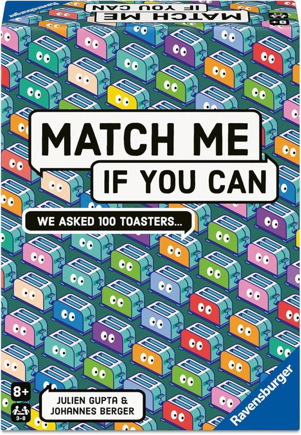 Bunte Toaster mit Augen als Muster auf der Verpackung des Spiels "Match Me If You Can".