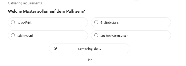 Zu sehen ist eine Fragebox, man soll sich entscheiden welches Muster der Pullover haben soll 