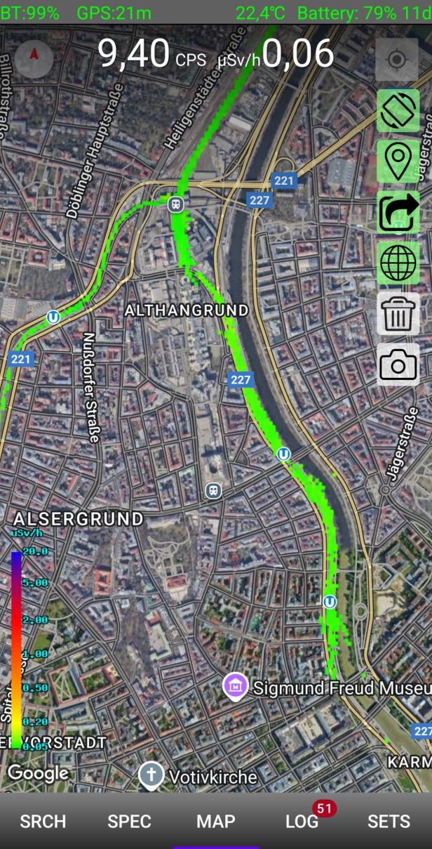 Auf der zoom- und scrollbaren Karte in der App werden die Messpunkte farblich angezeigt. Grün heißt wenig Strahlung.