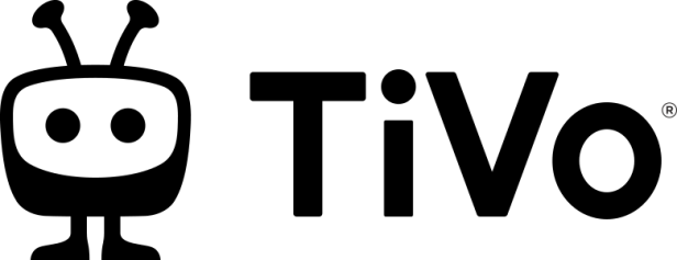 TiVo-Logo mit stilisiertem weißen Fernsehgesicht und schwarzem Schriftzug.