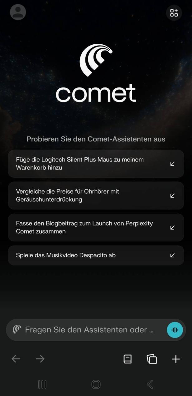 Home-Screen von Coment mit Tipps zur Verwendung, unten einen Suchleiste.