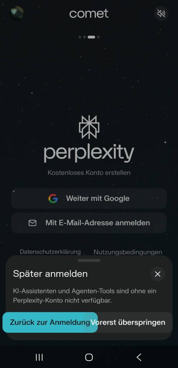 Auffoderung von Comet, sich in Perplexity anzumelden