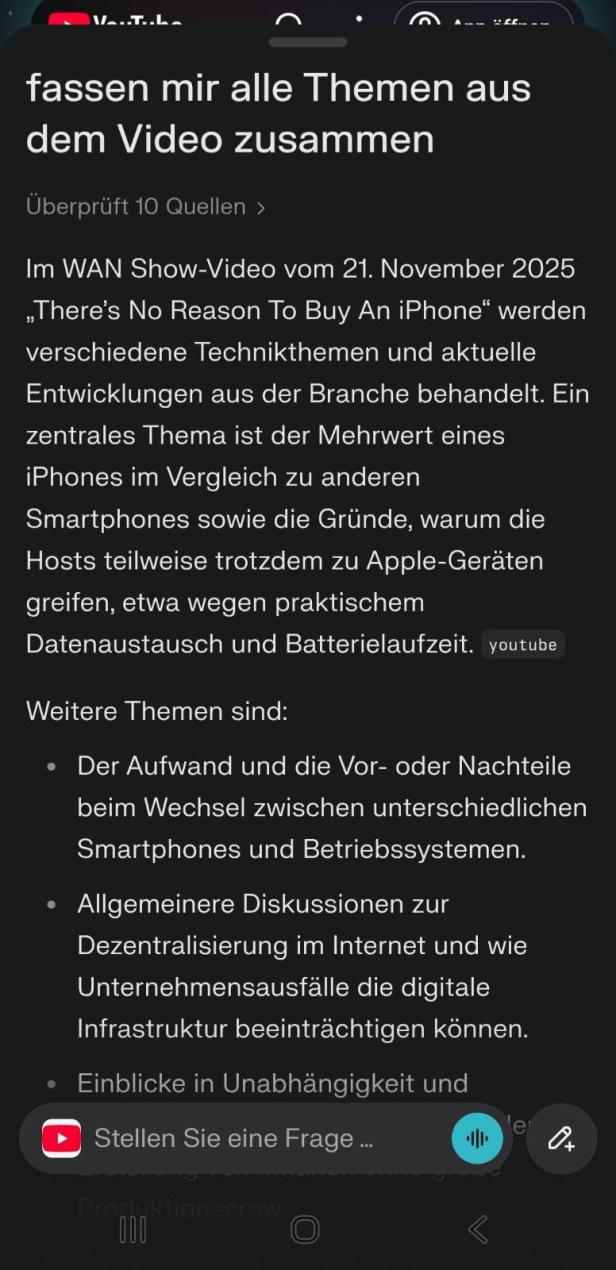 Zusammenfassung in Comet zu einem Youtube-Video mit Text und Bullet-Points