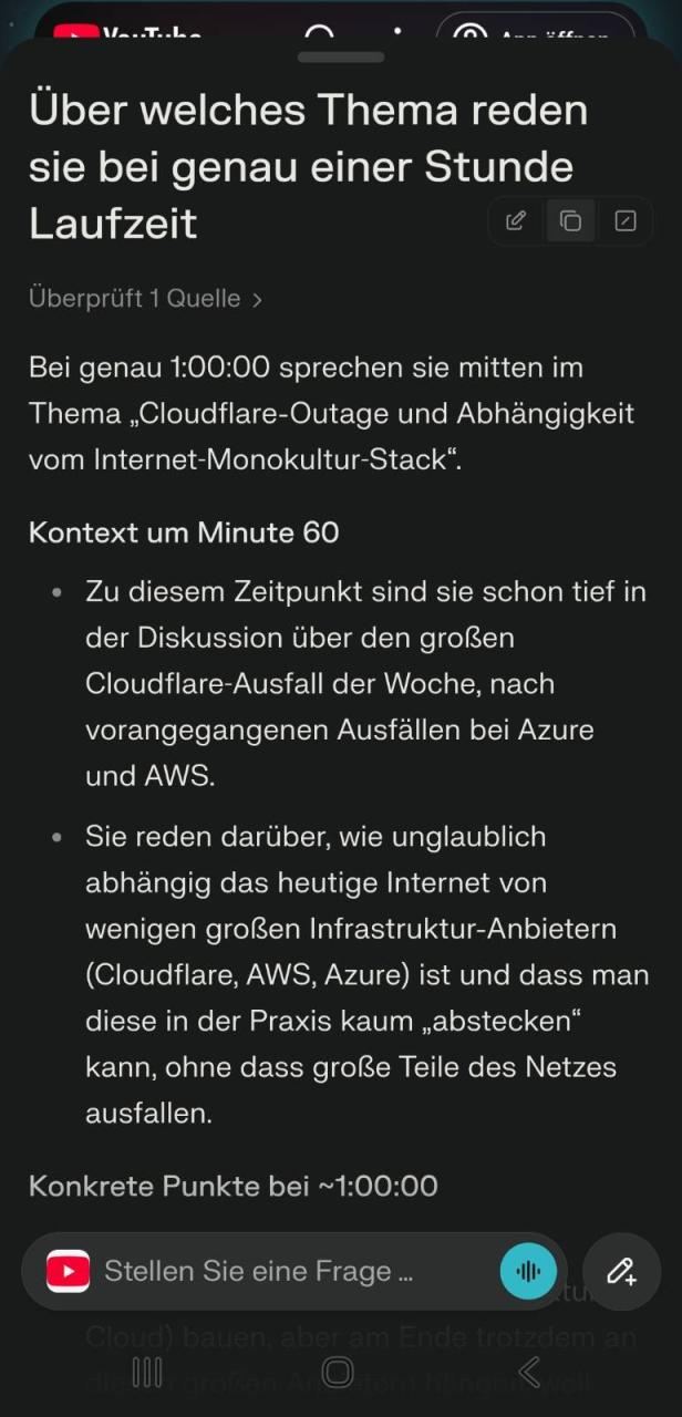 Versuch einen Auszug in Comet an einem Timestamp in einem Youtube-Video zusammenfassen zu lassen