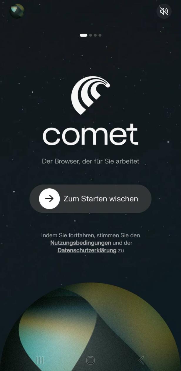 Start-Screen von Comet mit einer Fläche "Zum Starten wischen"