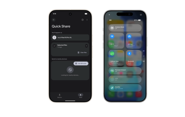 Zwei Smartphones zeigen die Quick Share- und AirDrop-Oberflächen zum Teilen von Dateien.