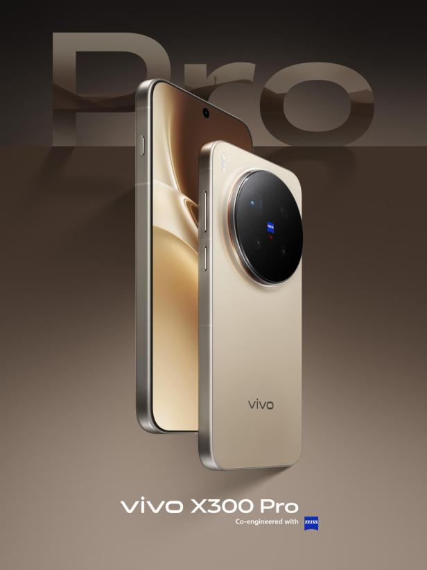 Das vivo X300 Pro in der Farbe Dune Brown mit großem Kameramodul und Zeiss-Logo wird prominent präsentiert.