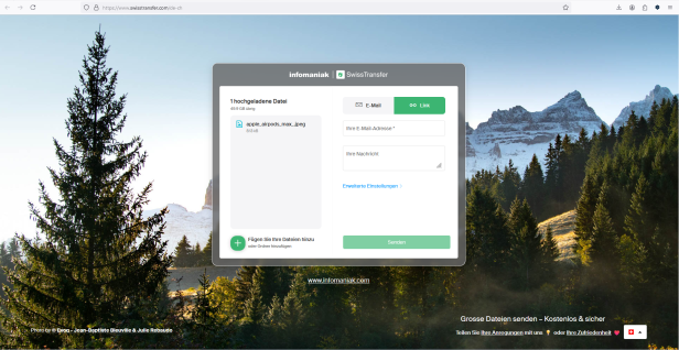 Eine Übersicht der Benutzeroberfläche, wenn man Fotos über SwissTransfer sendet 