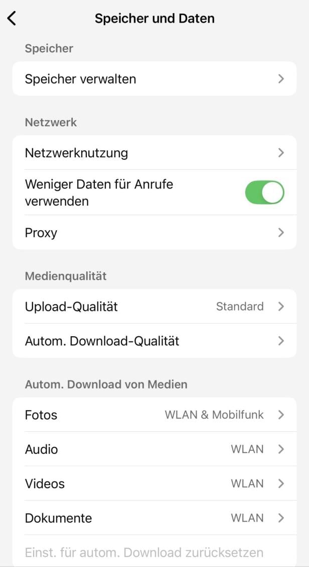 Hier sieht man den Abschnitt Speicher und Daten in den WhatsApp-Einstellungen 