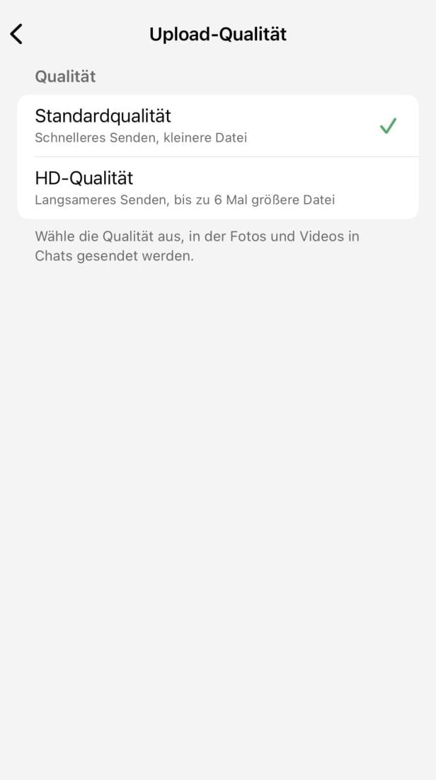 Hier sieht man in welcher Qualität Fotos über WhatsApp geteilt werden können. Entweder in Standardqualität oder in HD-Qualität