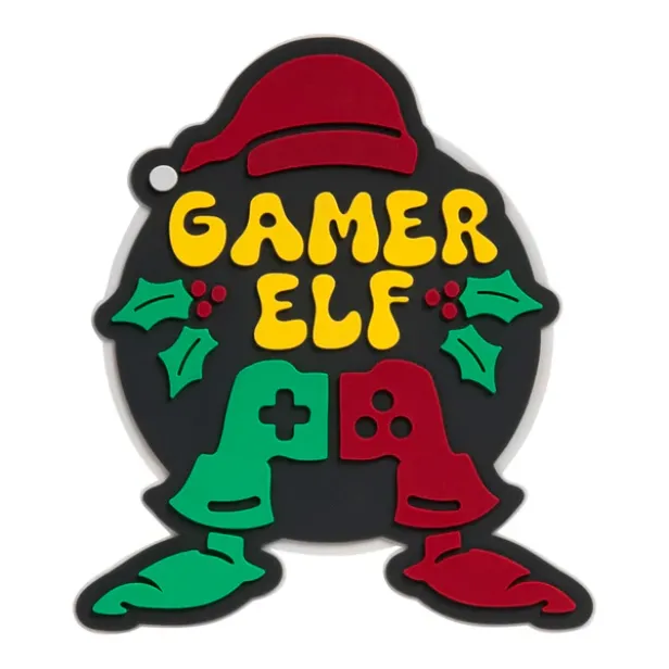 Das MAGMOJI-Badge „Gamer Elf“ in Weihnachtsoptik mit grünen und roten Details sowie Schriftzug ist als festliches Accessoire für MagSafe-Geräte gestaltet.