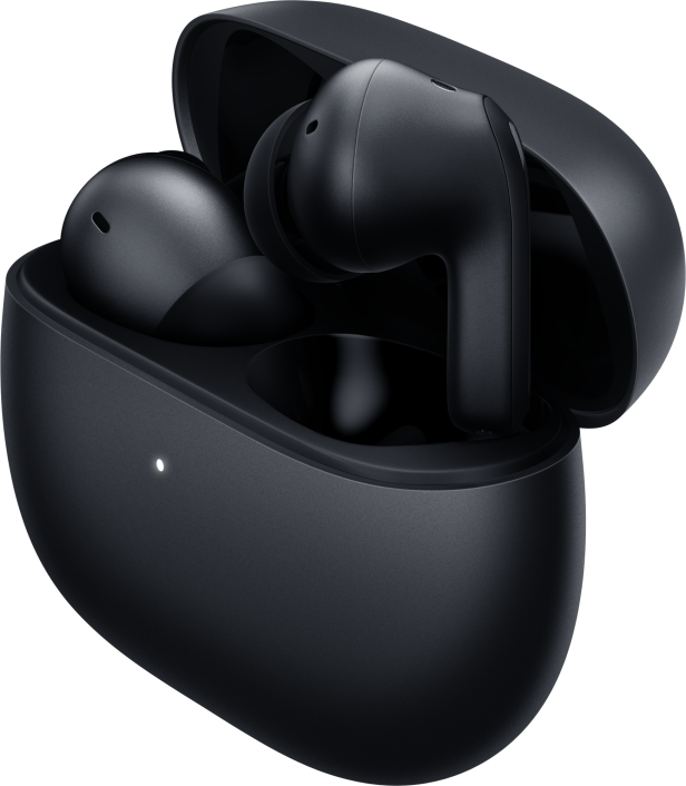 Die kabellosen Redmi Buds 4 Pro von Xiaomi liegen in ihrem geöffneten schwarzen Ladecase.