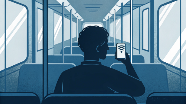 Person in einer Bahn hält ein Smartphone mit WLAN-Symbol in der Hand.