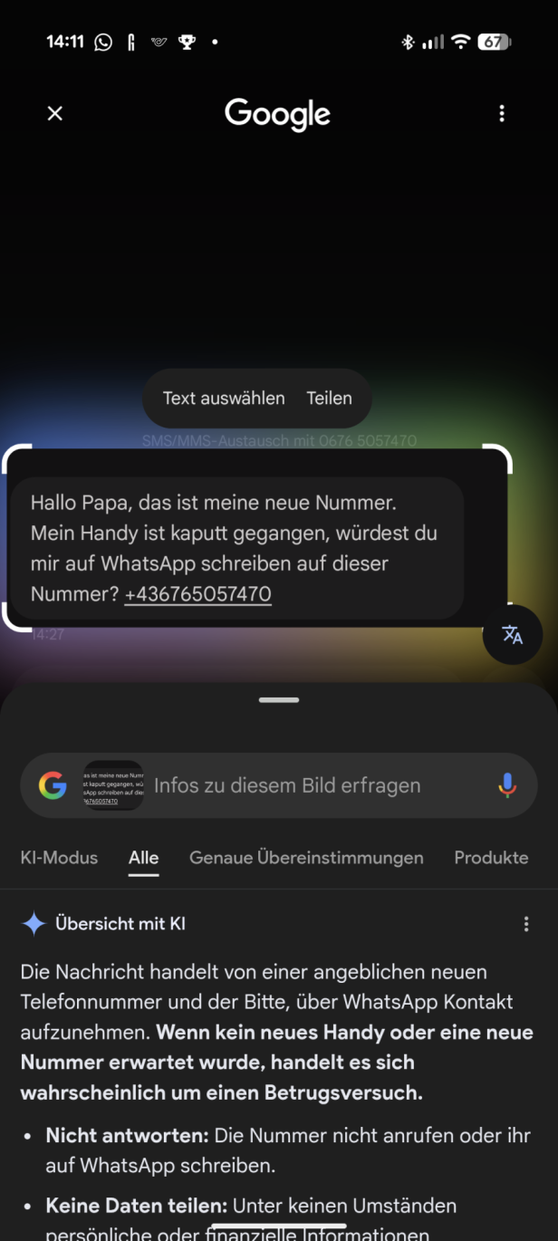 Screenshot bei Circle To Search Erkennung von Spam