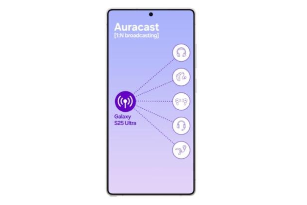Grafik auf einem Galaxy S25 Ultra zeigt Auracast-Audioübertragung an mehrere Kopfhörer.