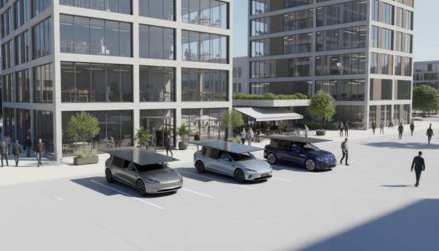 Drei geparkte E-Autos mit ausgeklappten Solarflügeln vor modernen Bürogebäuden.