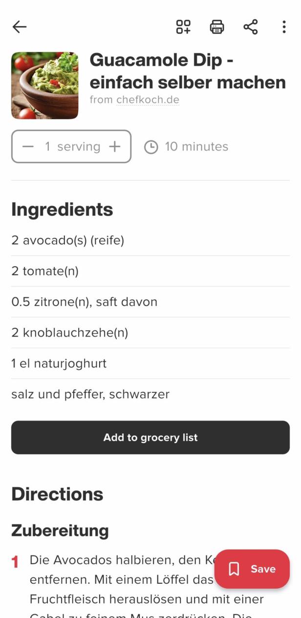 Importiertes Rezept zu Guacamole-Dip mit Zutaten und Anleitung auf einer Seite