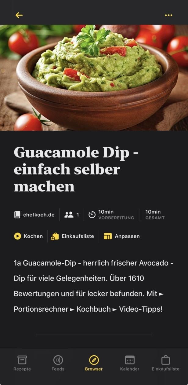 Mela-App mit Anzeige eines Guacamole-Rezepts
