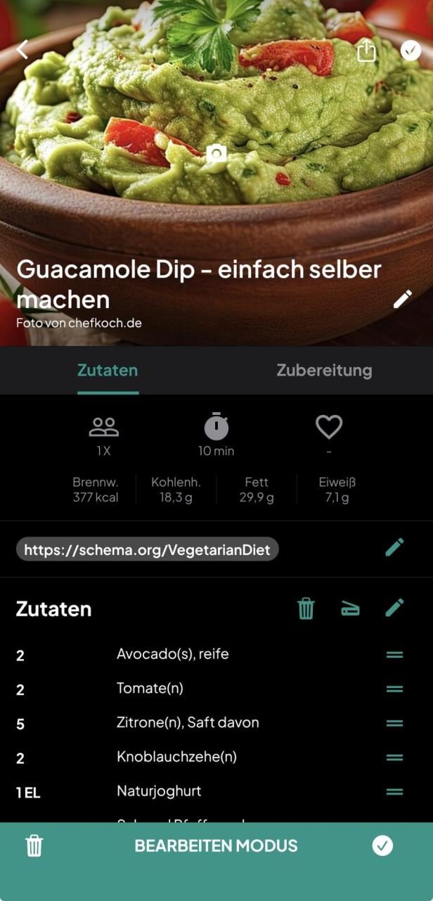 körbchen-App mit der Anzeige eines Guacamole-Rezeptes