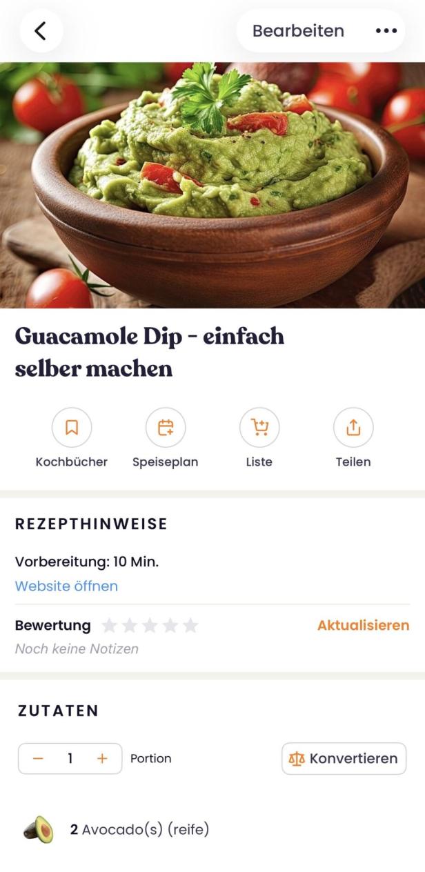 Rezept aus der Rezepte-App zu einem Guacamole-Dip mit Zutaten und Portionen-Auswahl
