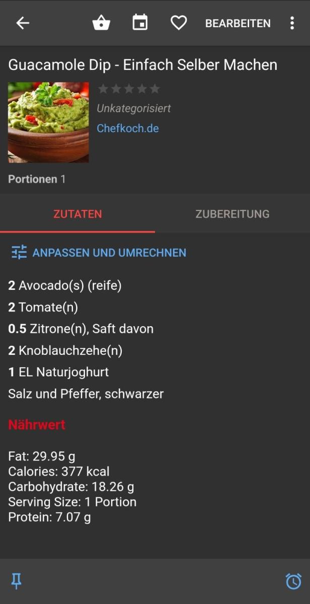 Rezept in der Paprika-App zu einem Guacamole-Dip mit eigeblendeter Zutatenliste