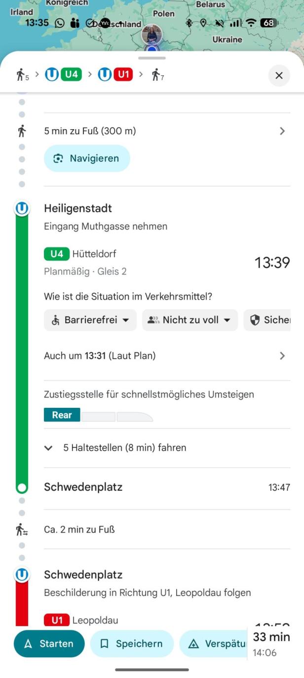 Google-Maps-Routenplanung mit U-Bahn-Umsteigehinweis und empfohlener Zustiegsposition.
