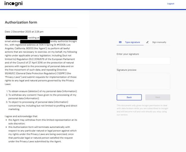Geschwärztes "Authorization form" von incogni