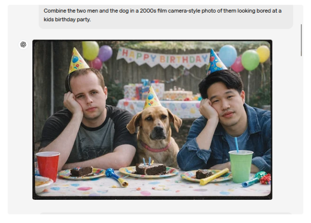 Zwei Männer und ein Hund mit Partyhüten sitzen gelangweilt an einem Geburtstagstisch.