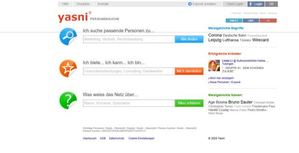 Startseite der Personensuchmaschine Yasni mit Such- und Angebotsfunktionen.