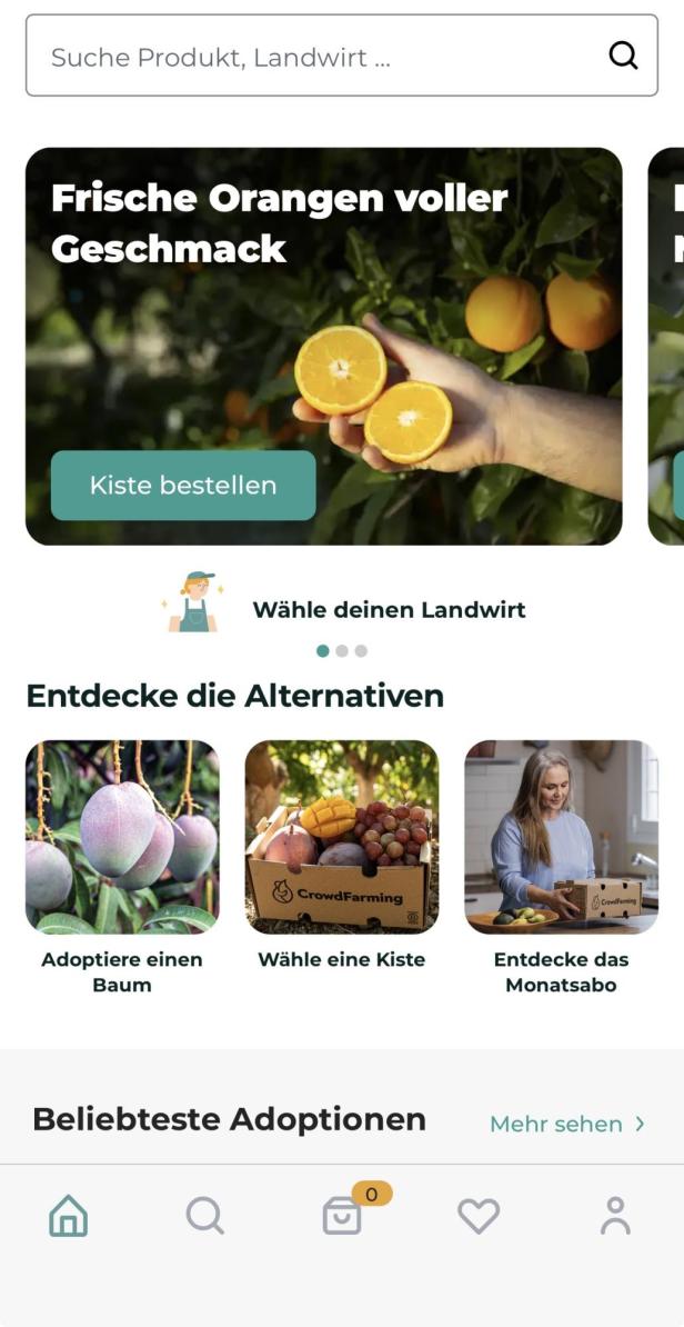 Übersicht in Crowdfarming-App, mit Verweis auf frische Orangen, die in der Kiste bestellt werden können