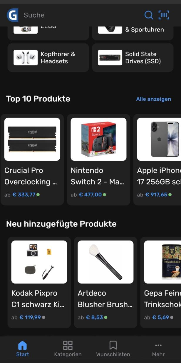 Geizhals-Dashboard mit Top 10 Produkten und neu hinzugegfügten Produkten