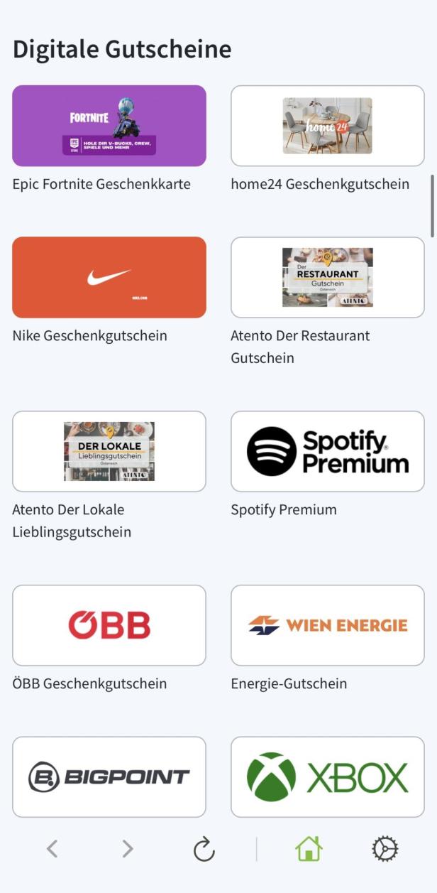 Gutschein-Auswahl bei onlineaufladen, unter anderem für Nike, Spotify, ÖBB und Wien Energie