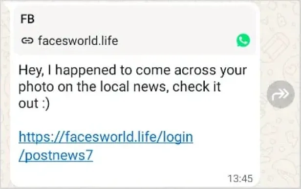 WhatsApp-Nachricht mit englischem Text und verdächtigem Link zu facesworld.life.