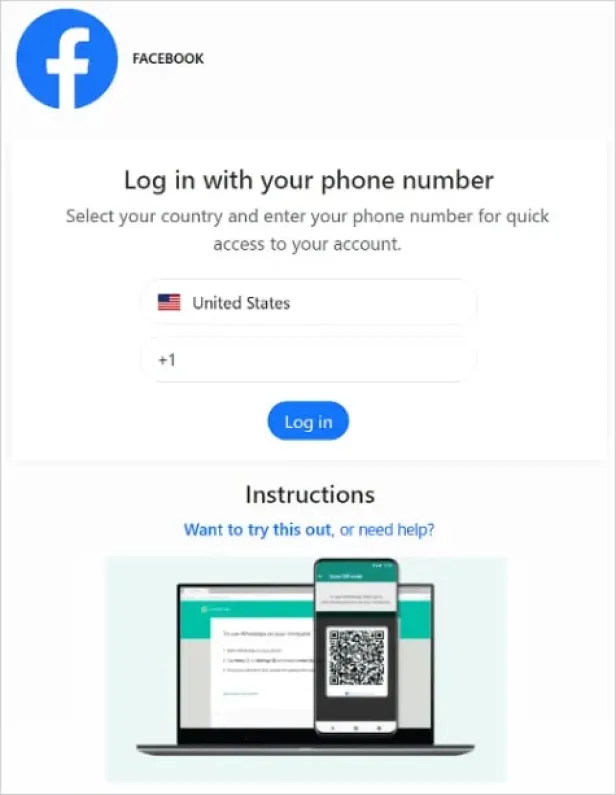 Die Seite, die aussieht wie bei facebook auf der man die Telefonnummer eingeben soll 