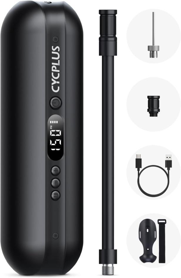 Schwarze elektrische Fahrradpumpe mit Zubehör wie Schlauch, Adapter und Ladekabel.
