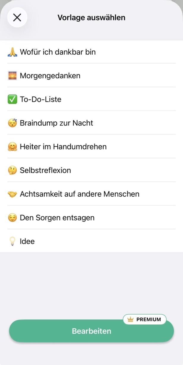 Vorlagen, die man bei Daylio auswählen kann 
