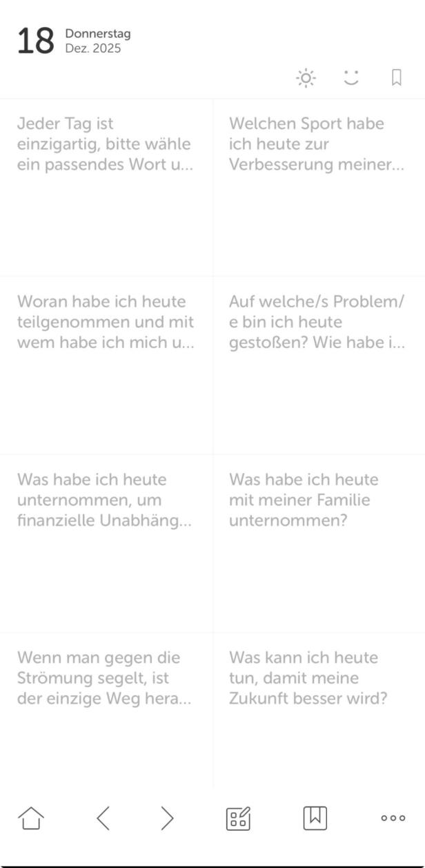 Das Journal von Grid Diary mit den verschiedenen Fragen 