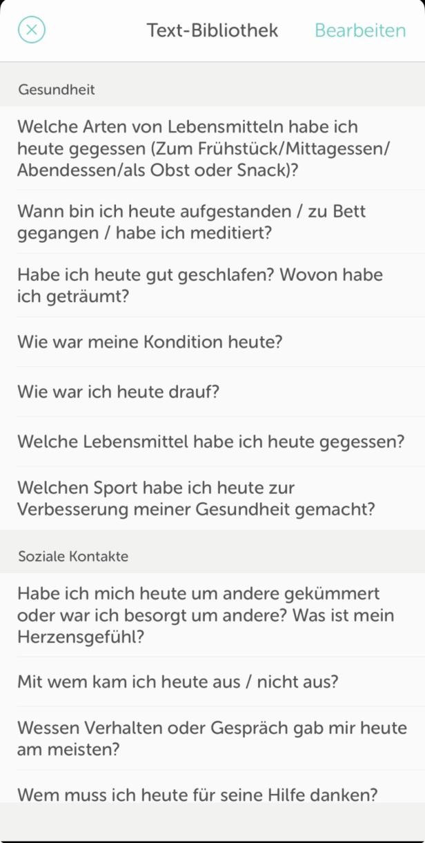 Beispielfragen von Grid Diary je nach Zielen 