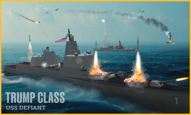 Kriegsschiff feuert Raketen und Geschütze ab, Laserstrahl trifft anfliegende Rakete, brennendes Schiff.