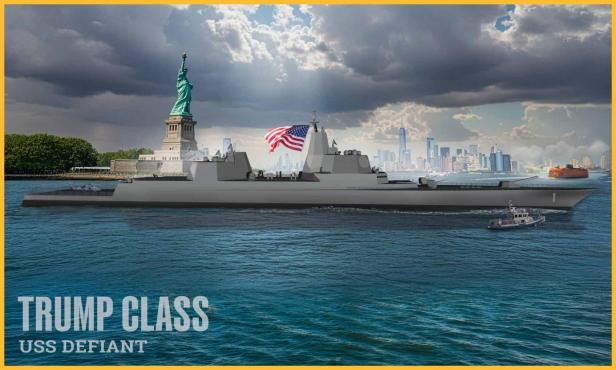 Kriegsschiff der Trump-Klasse mit US-Flagge vor der Freiheitsstatue in New York.